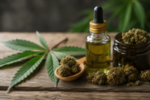 Aceite de CBD y flores de cáñamo sobre una mesa de madera, representando productos derivados del CBD comercializados en España.