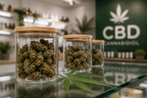 Tarros de cristal con flores de CBD expuestos en una tienda especializada en productos derivados del cáñamo.