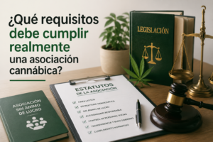 Requisitos legales que debe cumplir una asociación cannábica en España con documentos, estatutos y símbolos de la justicia.