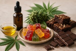 Productos comestibles con CBD, incluyendo gummies, chocolate y aceite de cannabidiol, utilizados para ilustrar los controles e inspecciones sobre alimentos con CBD en Europa.