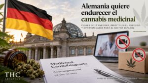 Imagen editorial sobre la reforma del cannabis medicinal en Alemania, con el Parlamento alemán, la bandera de Alemania, cannabis medicinal y símbolos de restricciones a la telemedicina y al envío a domicilio.