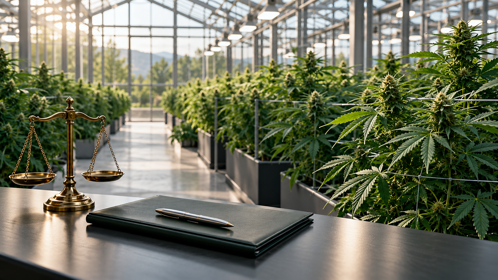 Invernadero de cultivo de cannabis medicinal con una balanza de la justicia y una carpeta con bolígrafo en primer plano, que representa las licencias de cultivo de cannabis en España